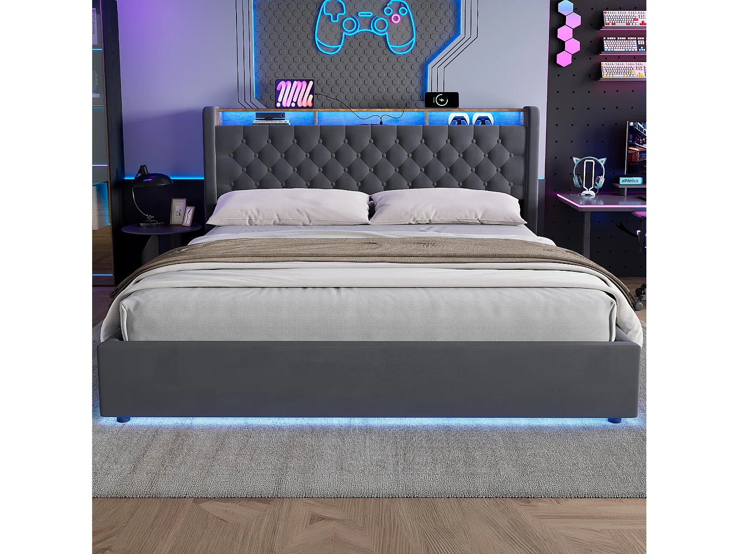 Polsterbett 180x200 cm mit Stauraum-Kopfteil, LED, USB-Anschluss, dunkelgrauem Samt, mit Boden