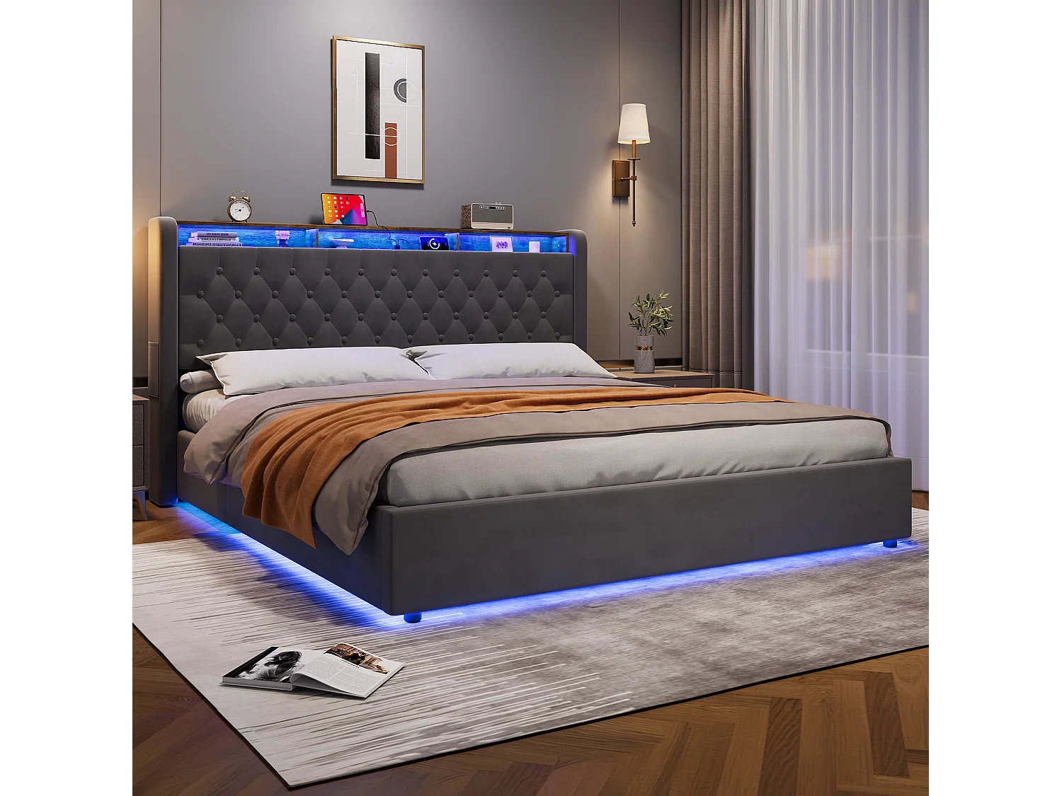 Polsterbett 180x200 cm mit Stauraum-Kopfteil, LED, USB-Anschluss, dunkelgrauem Samt, mit Boden