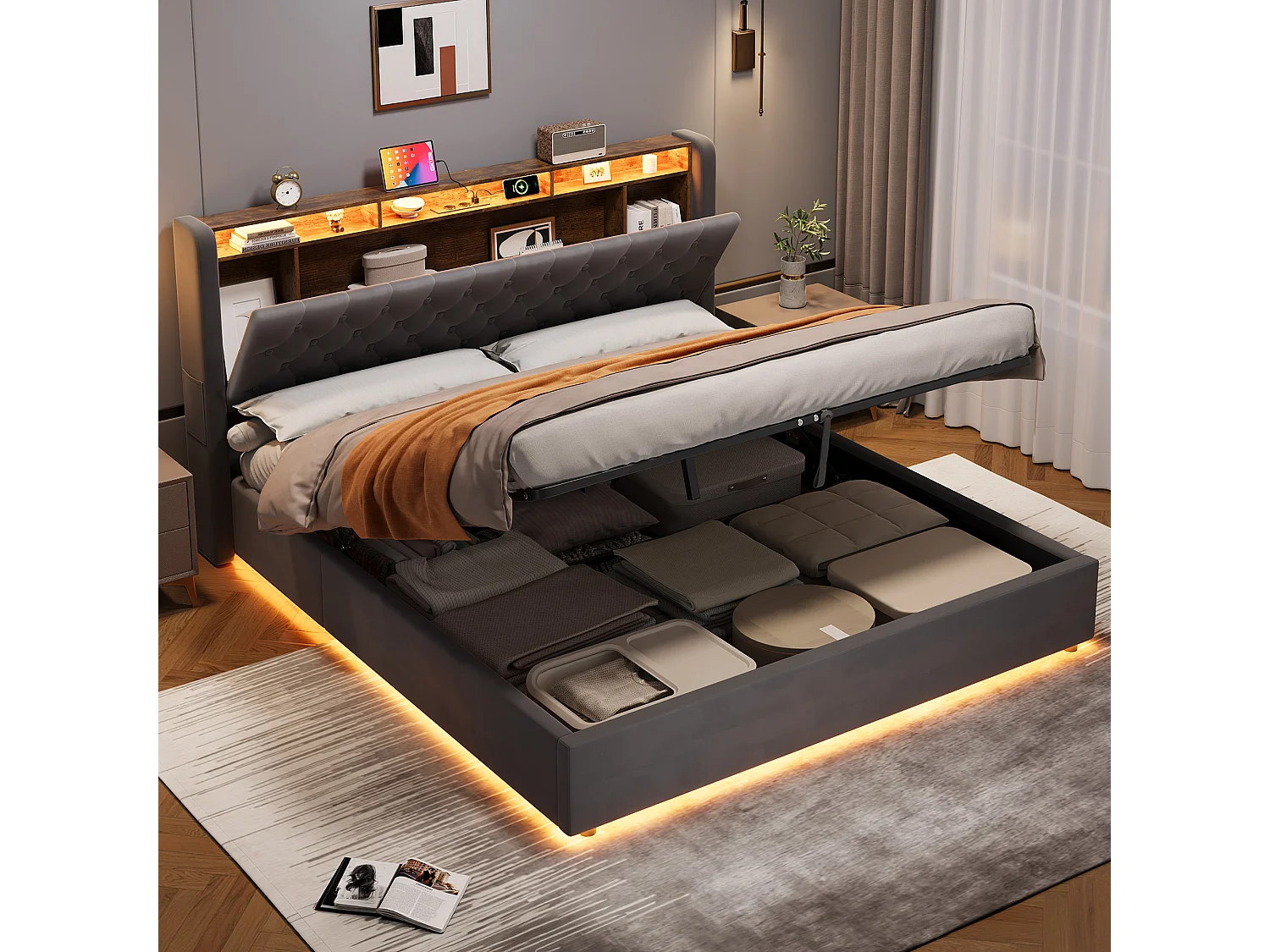Polsterbett 180x200 cm mit Stauraum-Kopfteil, LED, USB-Anschluss, dunkelgrauem Samt, mit Boden