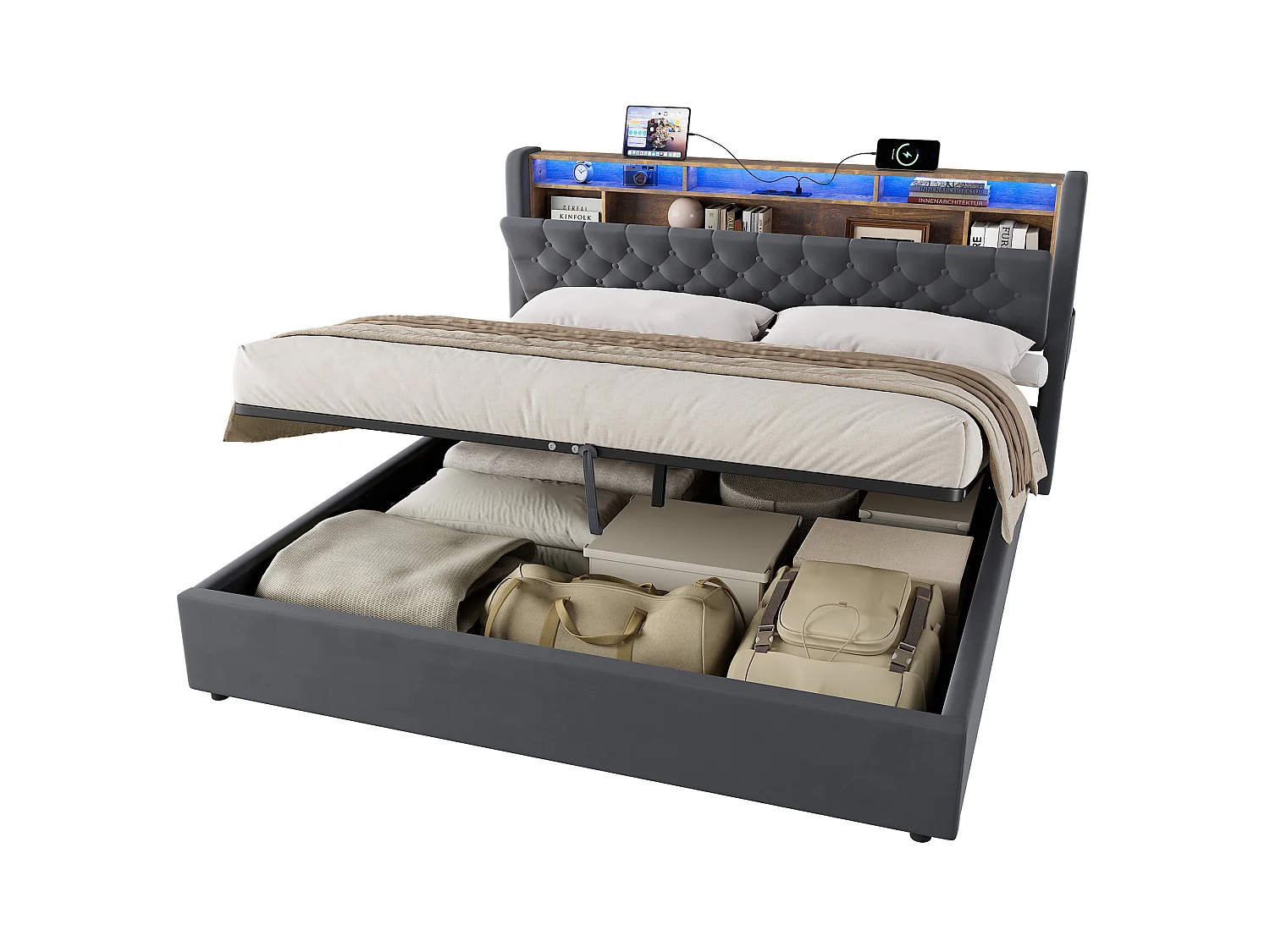Polsterbett 180x200 cm mit Stauraum-Kopfteil, LED, USB-Anschluss, dunkelgrauem Samt, mit Boden