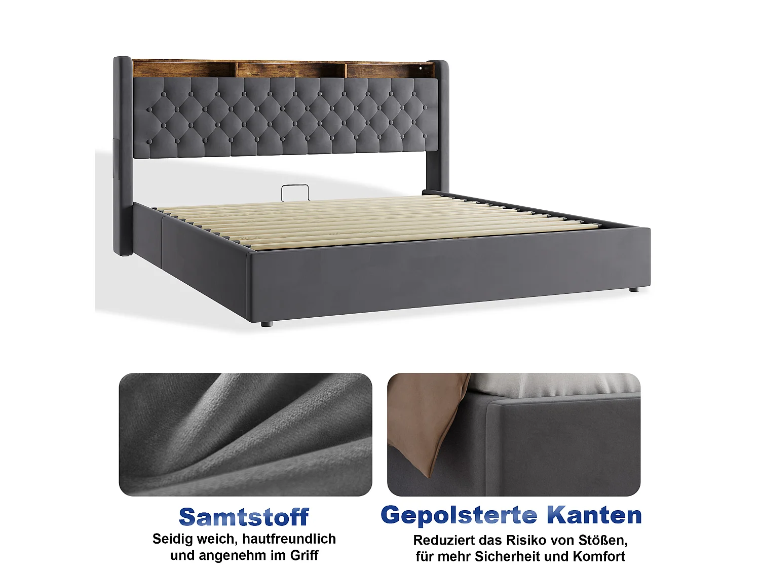 Polsterbett 180x200 cm mit Stauraum-Kopfteil, LED, USB-Anschluss, dunkelgrauem Samt, mit Boden