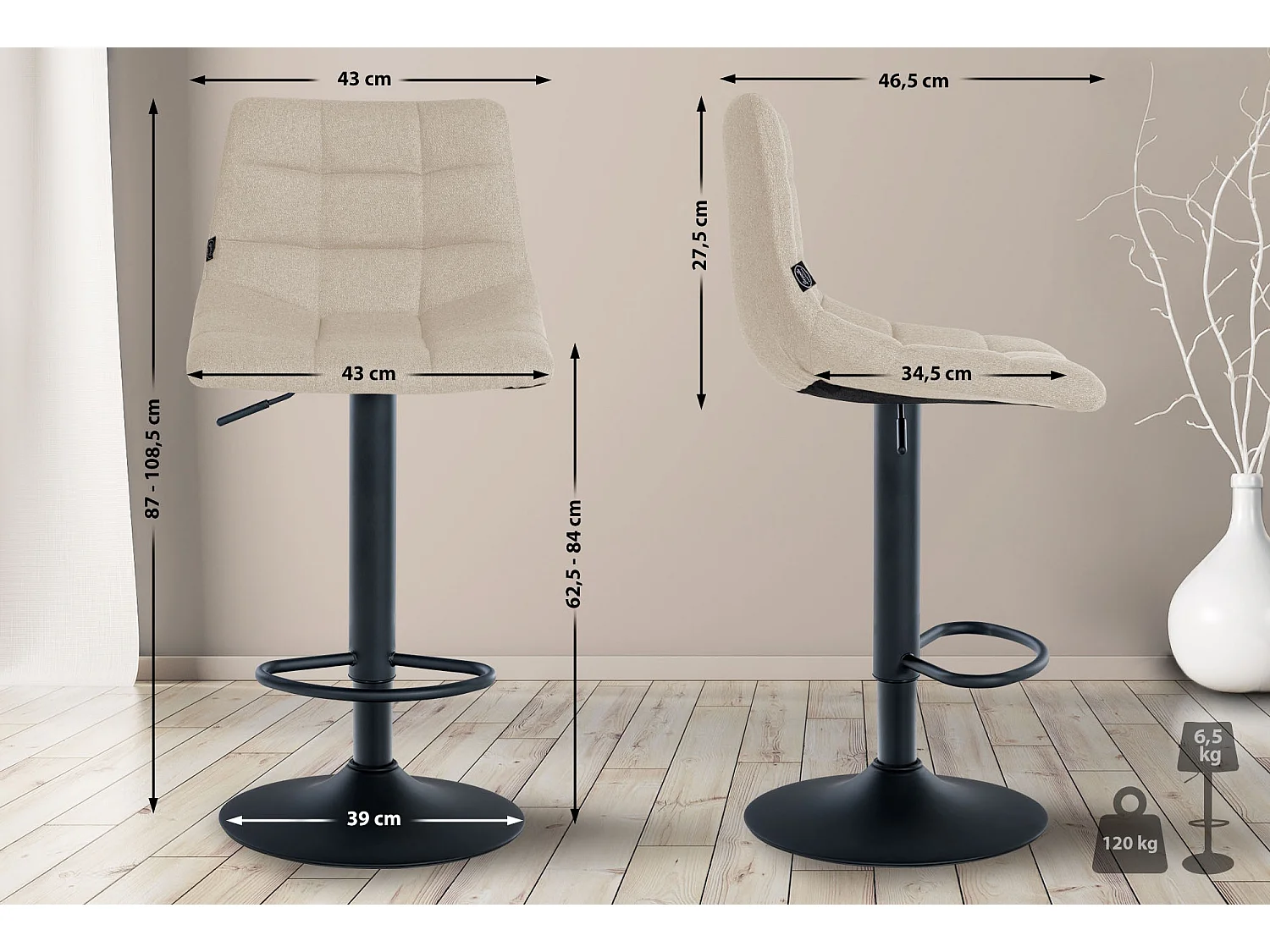 Tabouret de bar - Tissu & Noir - Crème - Jerry