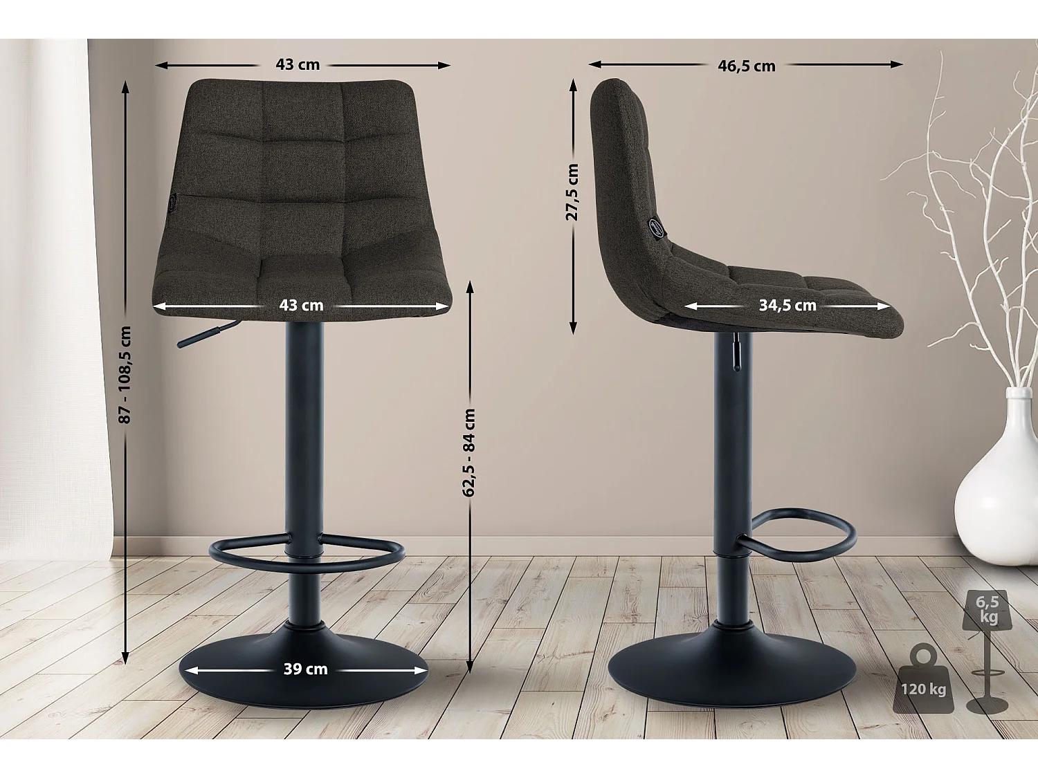 Lot de 2  Tabouret de bar - Tissu & Métal - Gris foncé - Jerry