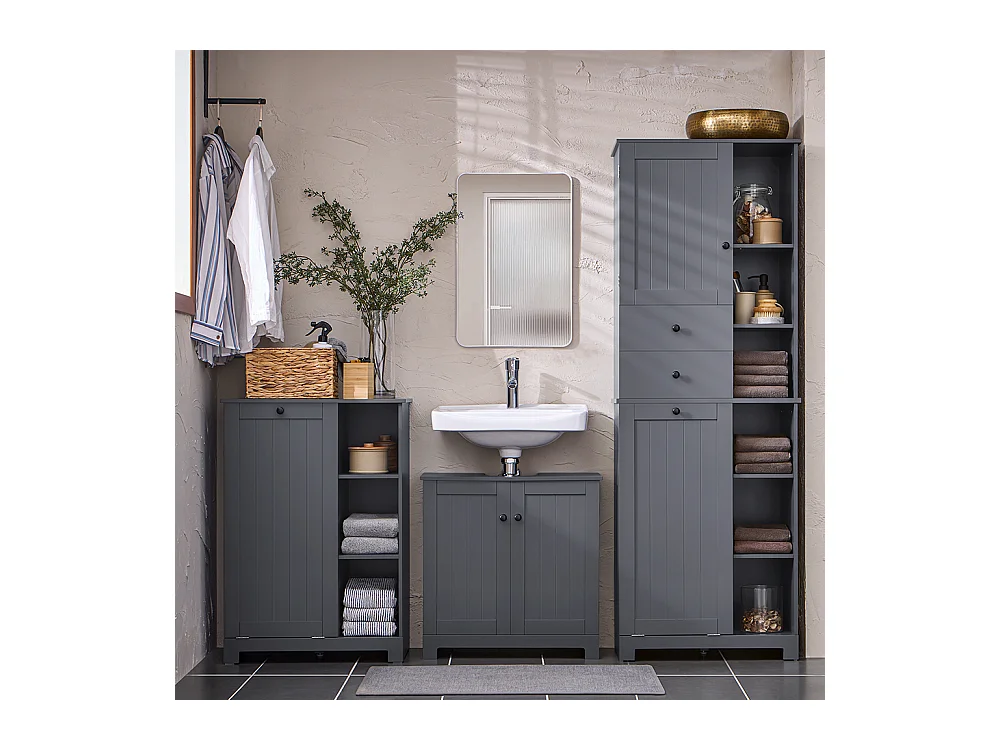 SoBuy Badkamerkolommeubelkast Toiletkast Hoog opbergmeubel voor badkamer Wasruimte, met 2 deuren en 2 laden, 6 planken en 1 wasmand 60x37x170cm, BZR104-DG
