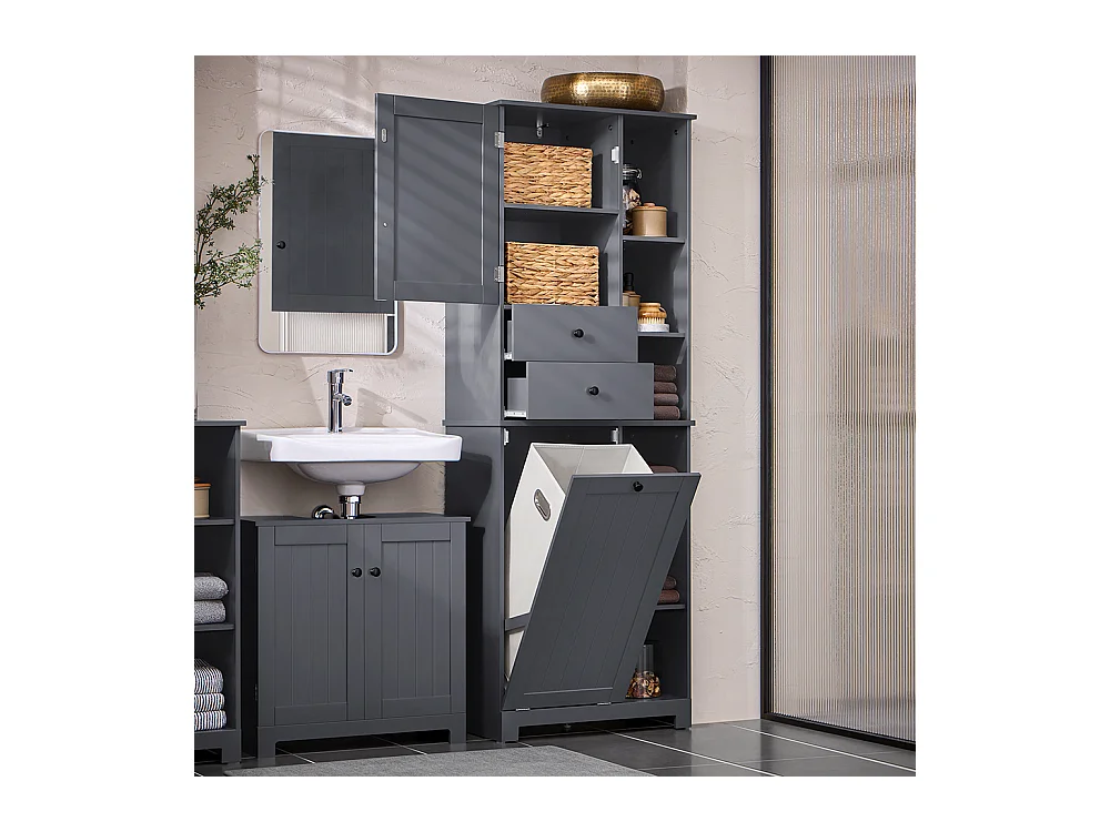 SoBuy Badkamerkolommeubelkast Toiletkast Hoog opbergmeubel voor badkamer Wasruimte, met 2 deuren en 2 laden, 6 planken en 1 wasmand 60x37x170cm, BZR104-DG