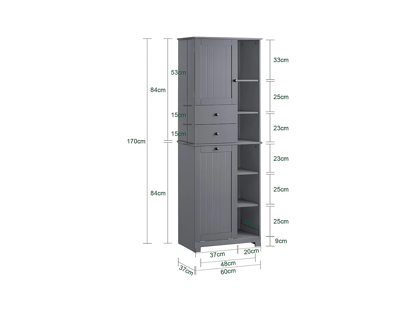 SoBuy Badkamerkolommeubelkast Toiletkast Hoog opbergmeubel voor badkamer Wasruimte, met 2 deuren en 2 laden, 6 planken en 1 wasmand 60x37x170cm, BZR104-DG