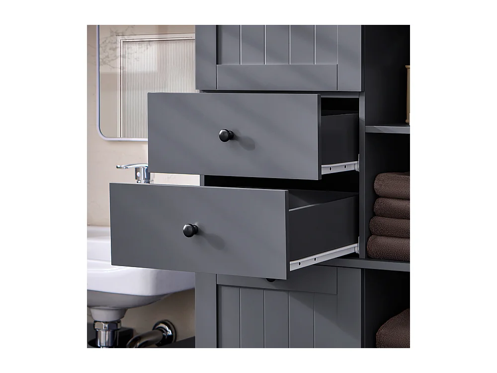 SoBuy Badkamerkolommeubelkast Toiletkast Hoog opbergmeubel voor badkamer Wasruimte, met 2 deuren en 2 laden, 6 planken en 1 wasmand 60x37x170cm, BZR104-DG