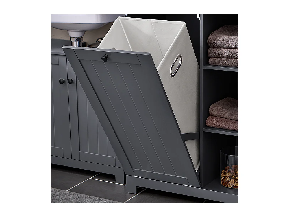 SoBuy Badkamerkolommeubelkast Toiletkast Hoog opbergmeubel voor badkamer Wasruimte, met 2 deuren en 2 laden, 6 planken en 1 wasmand 60x37x170cm, BZR104-DG