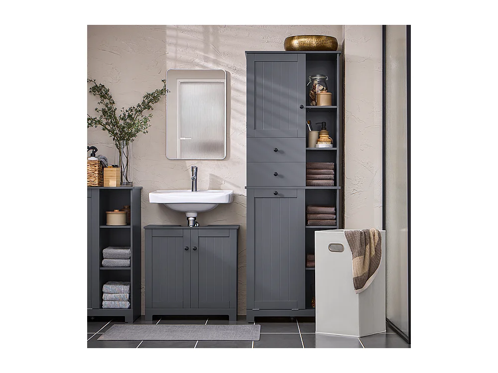 SoBuy Badkamerkolommeubelkast Toiletkast Hoog opbergmeubel voor badkamer Wasruimte, met 2 deuren en 2 laden, 6 planken en 1 wasmand 60x37x170cm, BZR104-DG