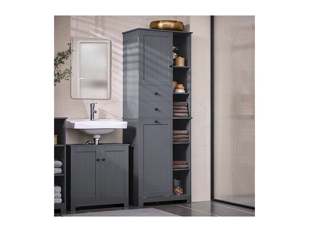 SoBuy Badkamerkolommeubelkast Toiletkast Hoog opbergmeubel voor badkamer Wasruimte, met 2 deuren en 2 laden, 6 planken en 1 wasmand 60x37x170cm, BZR104-DG