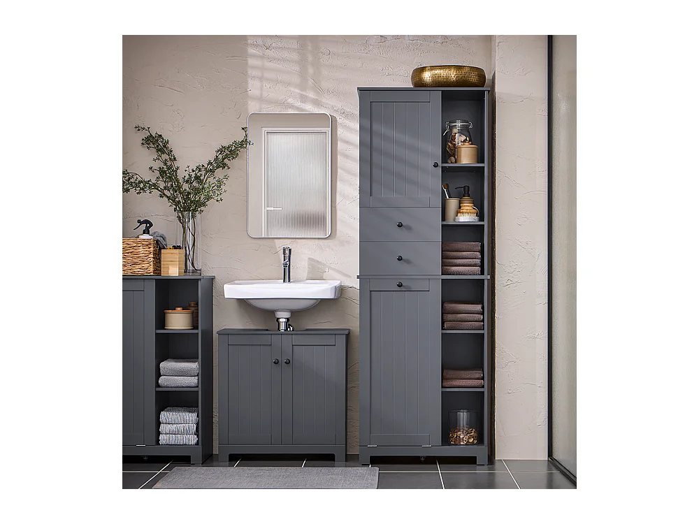 SoBuy Badkamerkolommeubelkast Toiletkast Hoog opbergmeubel voor badkamer Wasruimte, met 2 deuren en 2 laden, 6 planken en 1 wasmand 60x37x170cm, BZR104-DG