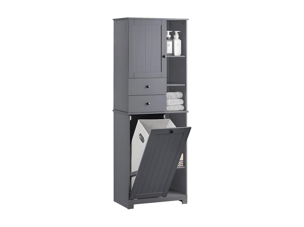 SoBuy Meuble Colonne de Salle de Bain Placard Armoire Toilette Haute Meuble de Rangement pour Salle de Bain Buanderie, avec 2 Portes et 2 Tiroirs, 6 Étagères et 1 Panier à Linge 60x37x170cm, BZR104-DG