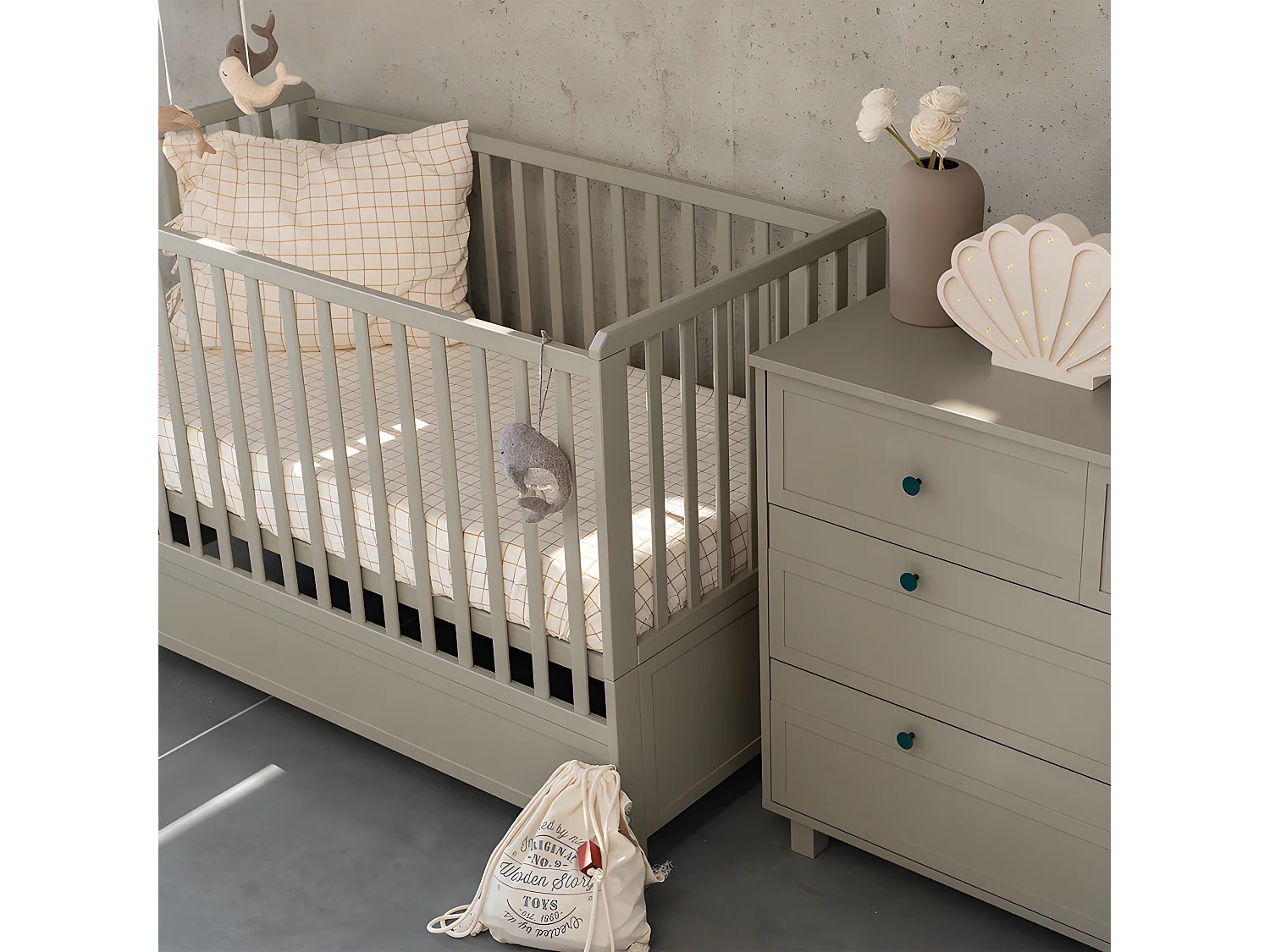 Lit évolutif 70x140 et commode 4 tiroirs Gabriel - Vert Eucalyptus