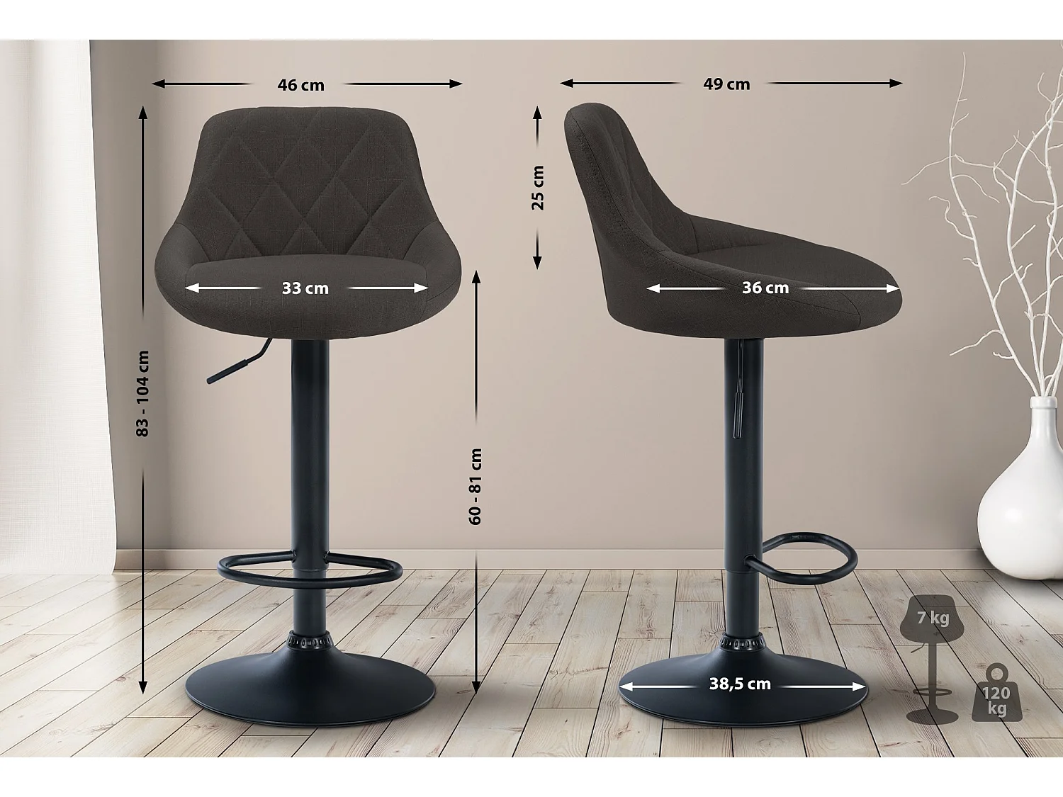 Tabouret de bar - Tissu & Noir - Gris foncé - Lazio