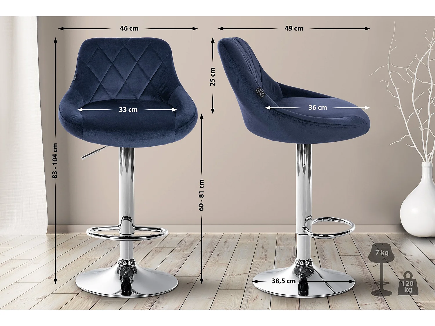 Lot de 2  Tabouret de bar - Velours & Métal - Bleu - Lazio