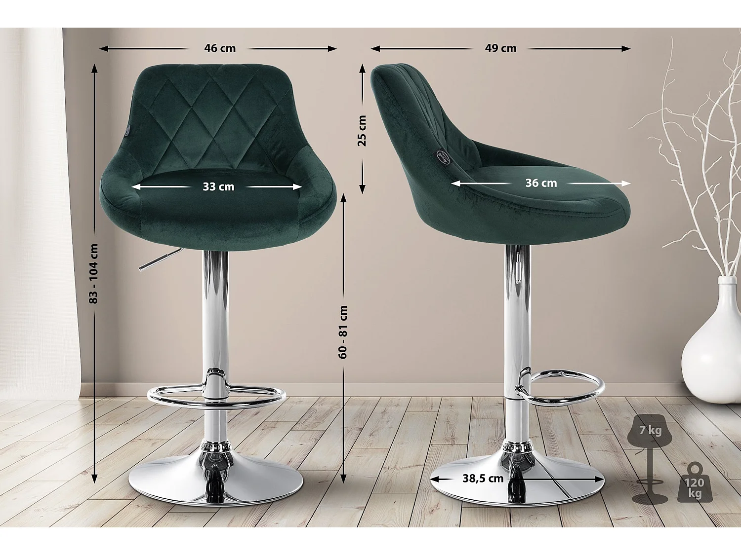 Tabouret de bar - Tissu & Chrome - Vert foncé - Lazio