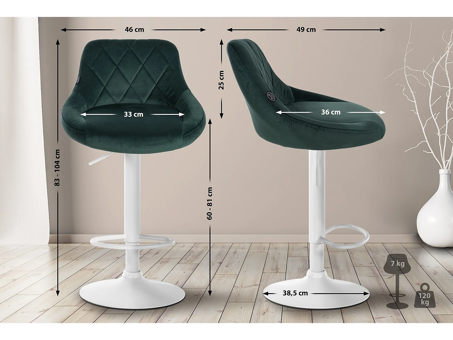 Lot de 2  Tabouret de bar - Velours & Métal - Vert foncé - Lazio