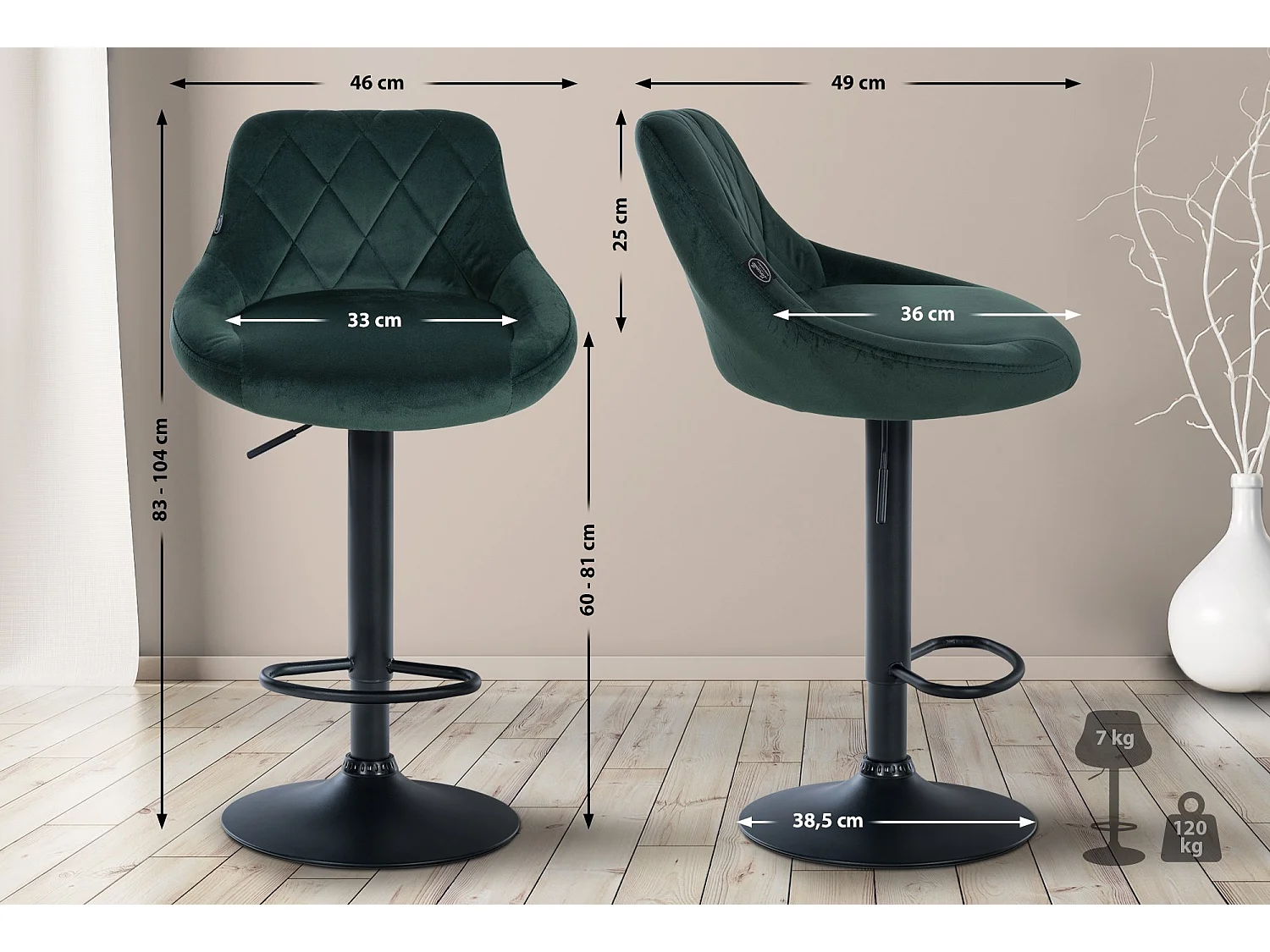 Lot de 2  Tabouret de bar - Velours & Métal - Vert foncé - Lazio