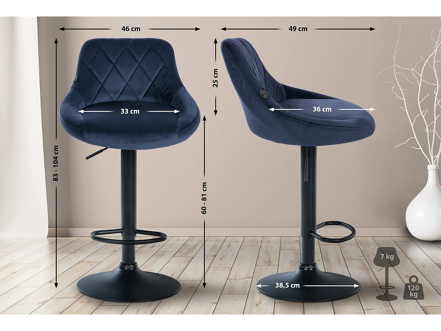 Lot de 2  Tabouret de bar - Velours & Métal - Bleu - Lazio