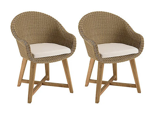 KALLY - Lot de 2 fauteuils jardin rotin synthétique et coussin pieds croisés
