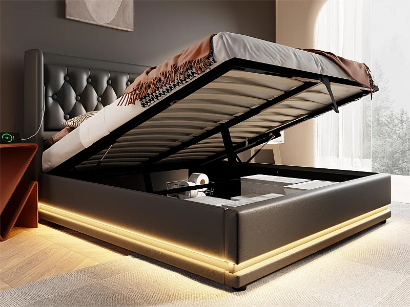 Gepolstertes Stauraumbett 180 x 200 cm aus Kunstleder – mit Ladefunktion und LED am Fußende des Bettes – Schwarz