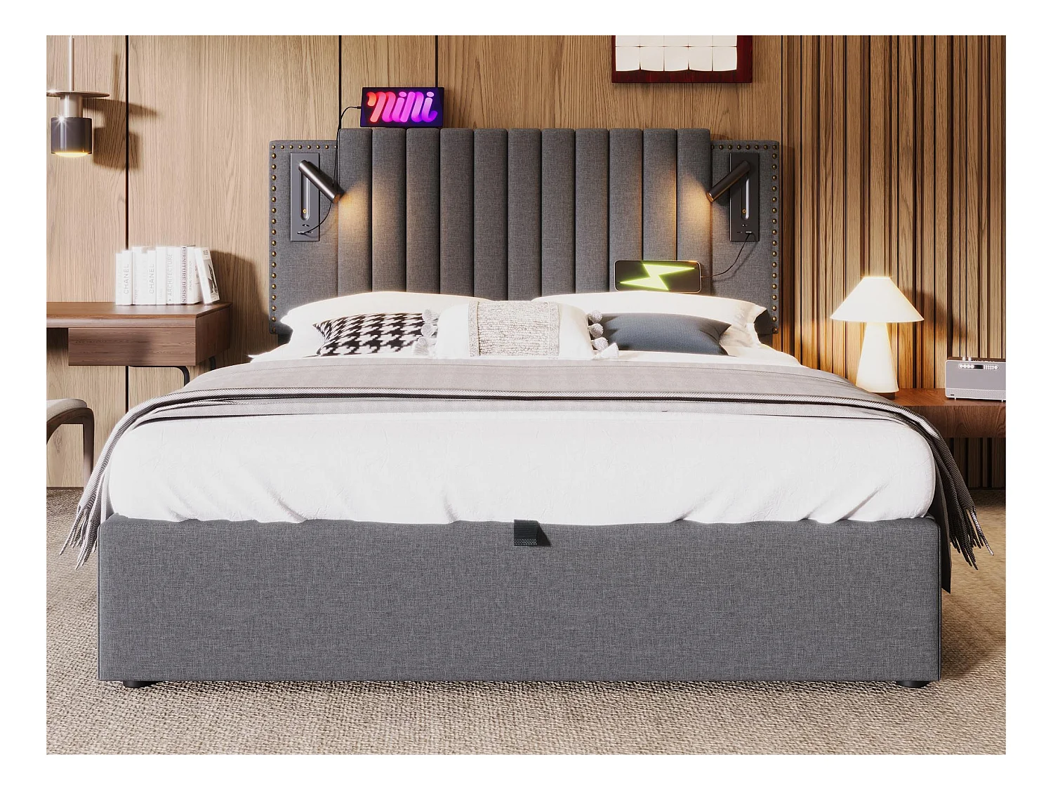 Lit coffre 180x200cm en tissu de cotton - avec lampes de lecture et Ports de charge USB - avec sommier à lattes - Gris
