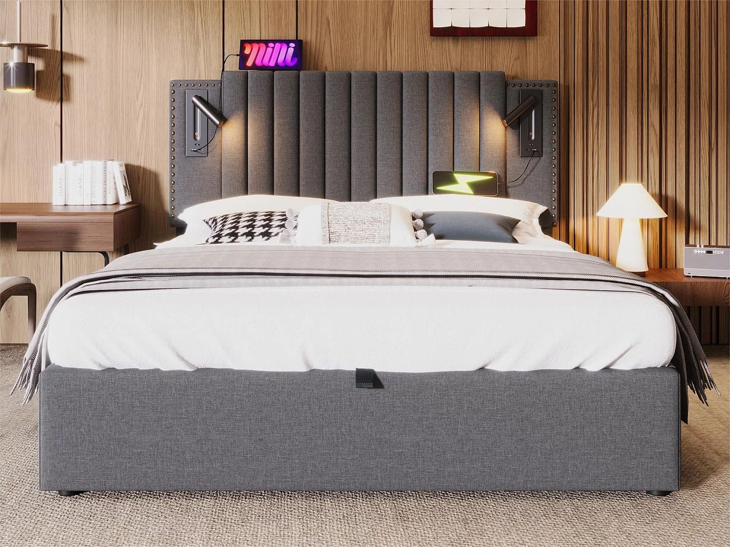 Lit coffre 180x200cm en tissu de cotton - avec lampes de lecture et Ports de charge USB - avec sommier à lattes - Gris