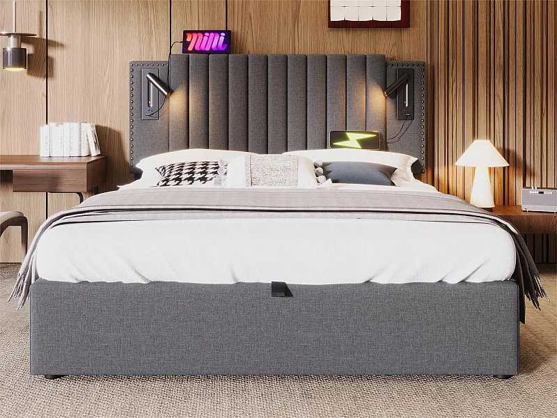 Lit coffre 180x200cm en tissu de cotton - avec lampes de lecture et Ports de charge USB - avec sommier à lattes - Gris