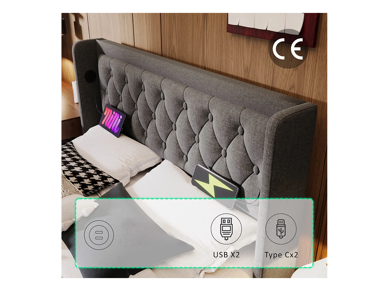 Gepolstertes Stauraumbett 160 x 200 cm aus Baumwollstoff – mit Ladefunktion und LED am Fußende des Bettes – Grau