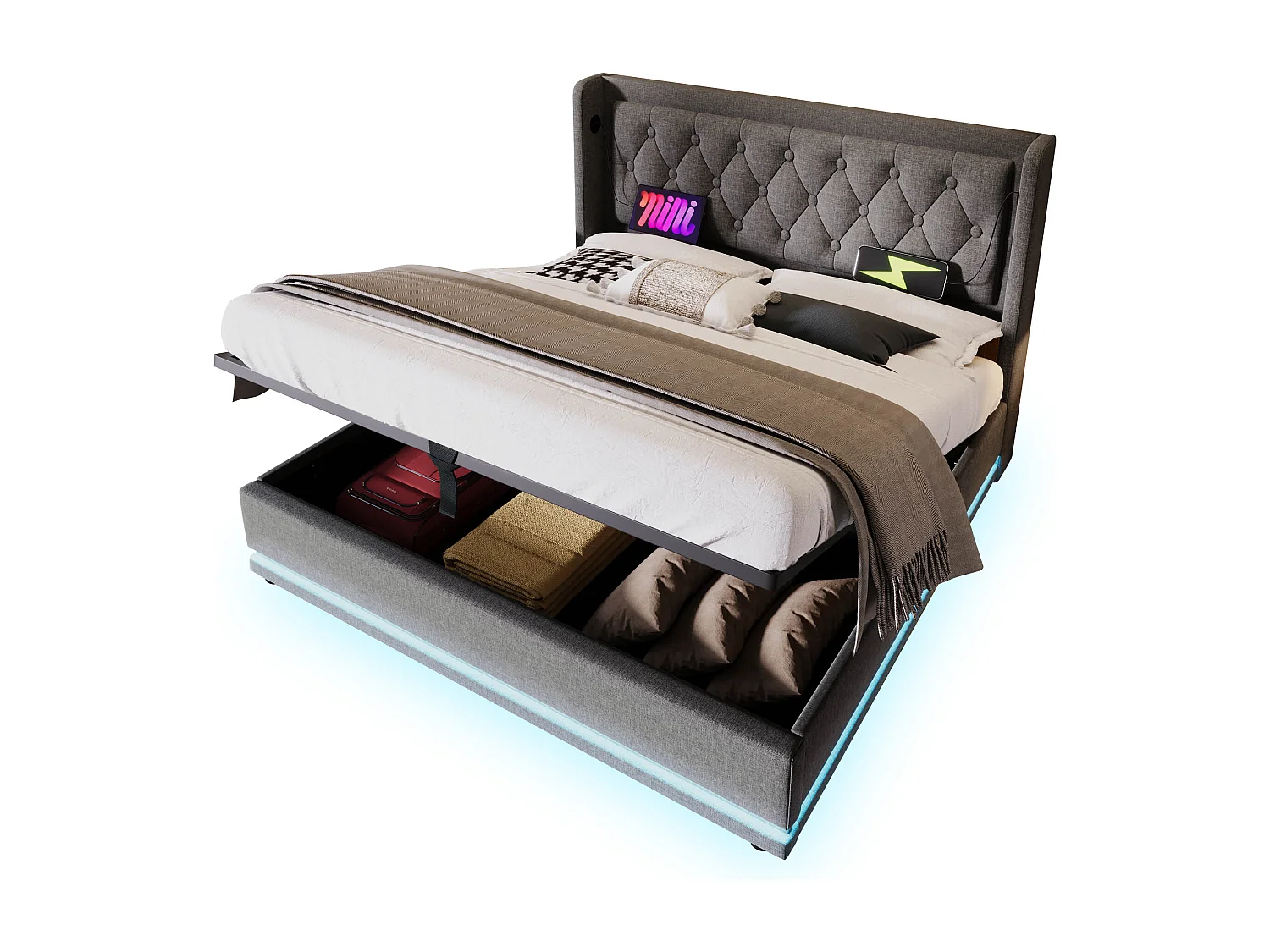 Lit coffre capitonné 160 x 200 cm en tissu coton - avec fonction de recharge et LED au pied du lit - Gris