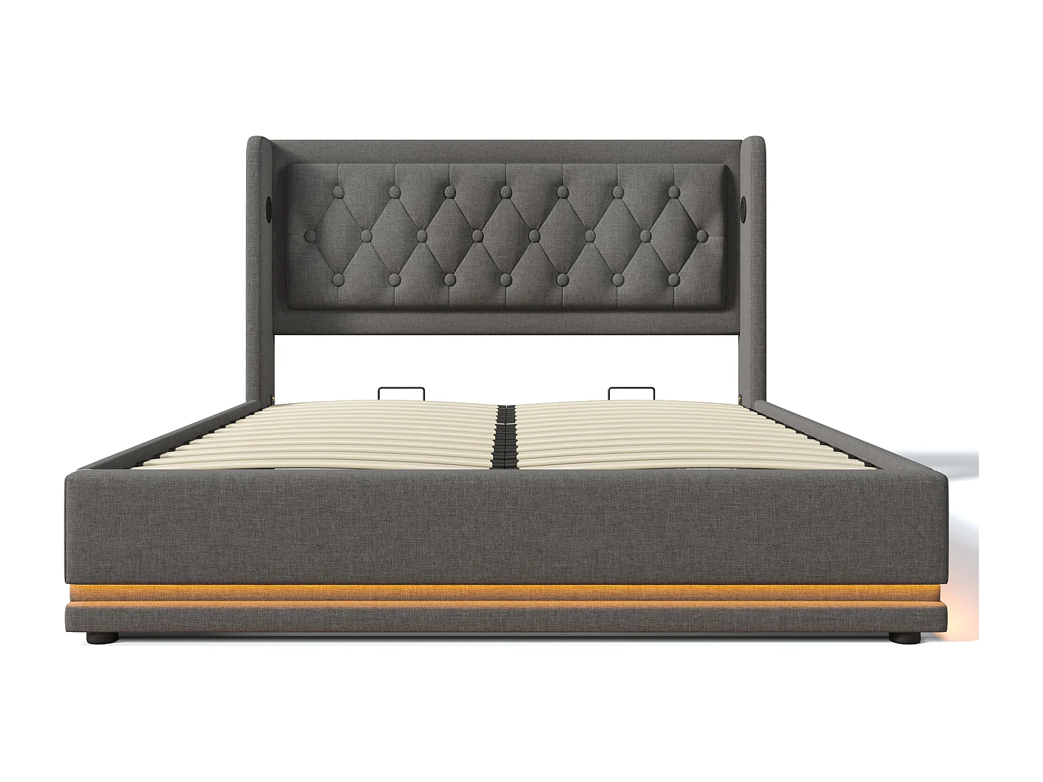 Lit coffre capitonné 160 x 200 cm en tissu coton - avec fonction de recharge et LED au pied du lit - Gris