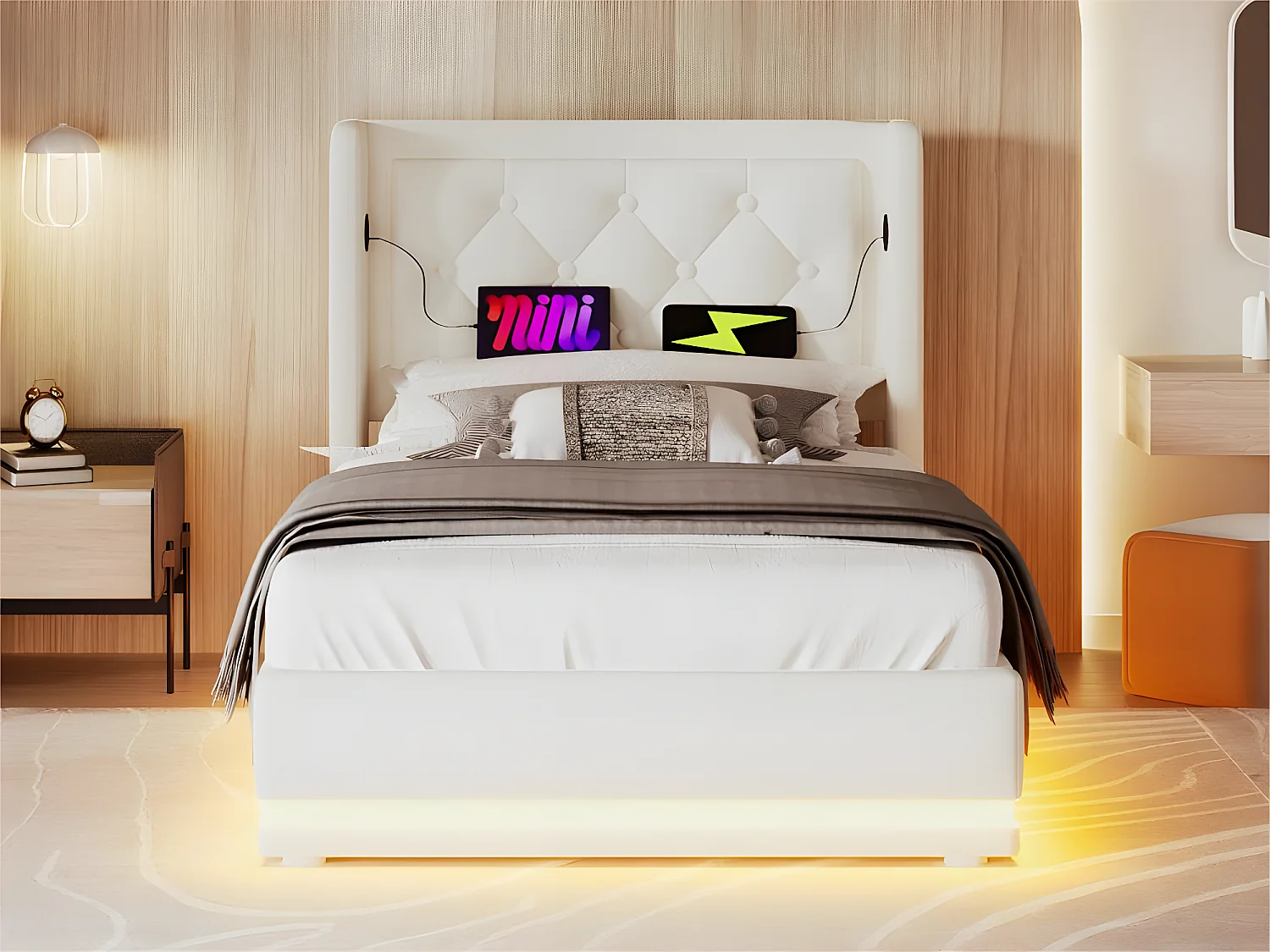 Gewatteerd opbergbed 90 x 200 cm in kunstleer - met oplaadfunctie en LED aan het voeteneinde - Wit