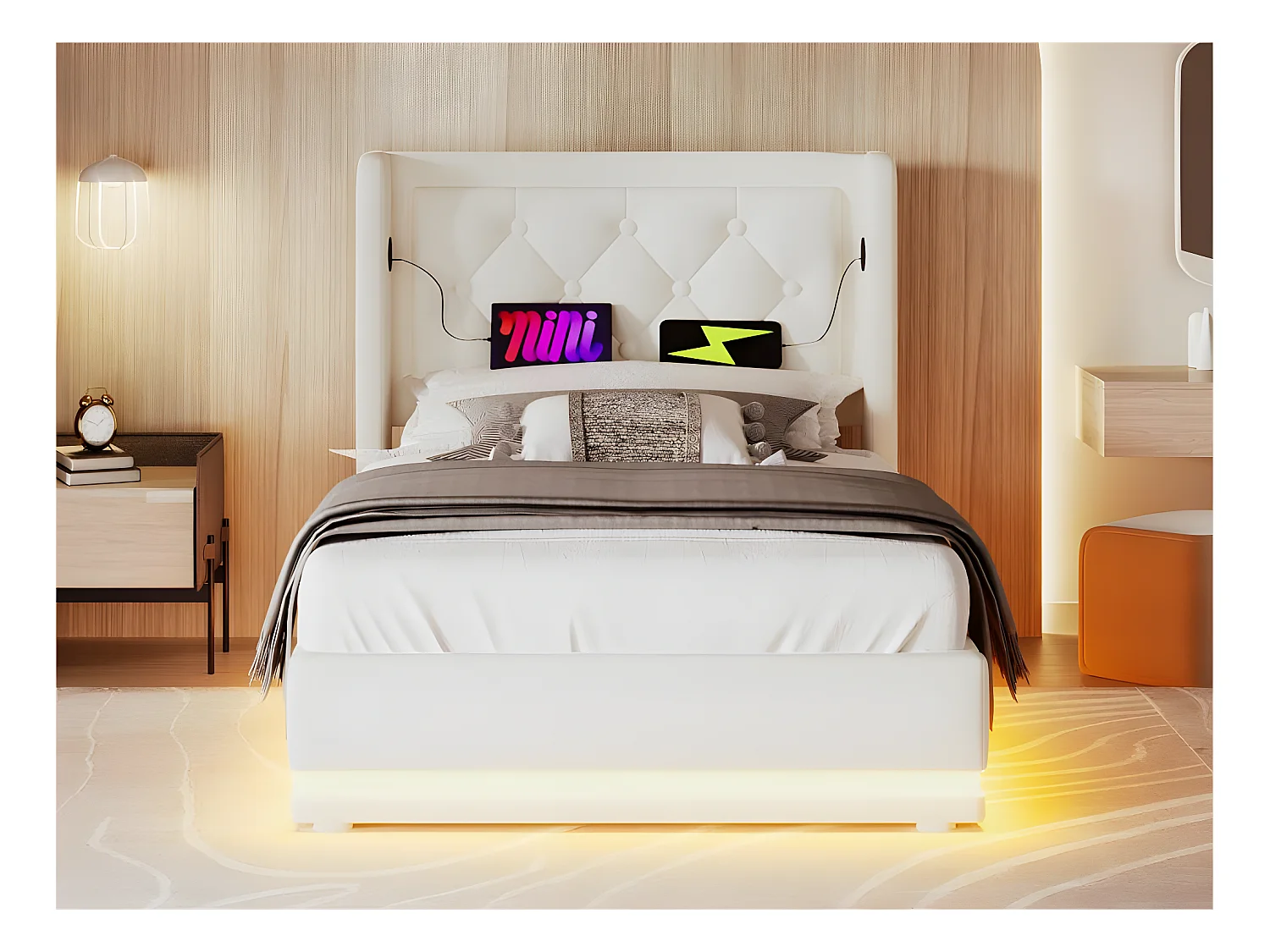 Lit coffre capitonné 90 x 200 cm en similicuir - avec fonction de recharge et LED au pied du lit - Blanc