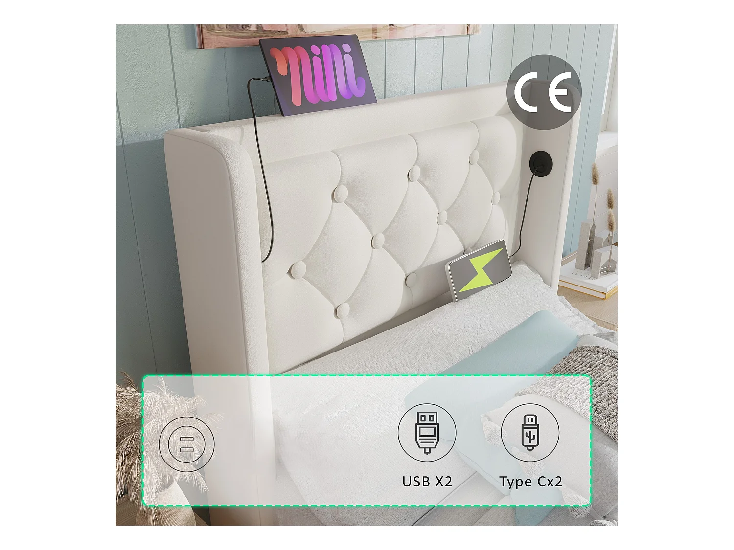 Cama canapé acolchada de 90 x 200 cm en símil piel - con función de carga y LED a los pies de la cama - Blanco