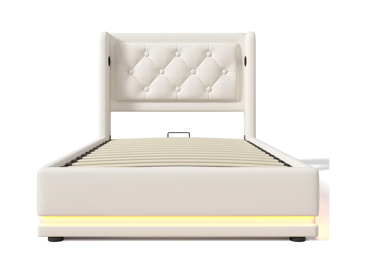 Cama canapé acolchada de 90 x 200 cm en símil piel - con función de carga y LED a los pies de la cama - Blanco