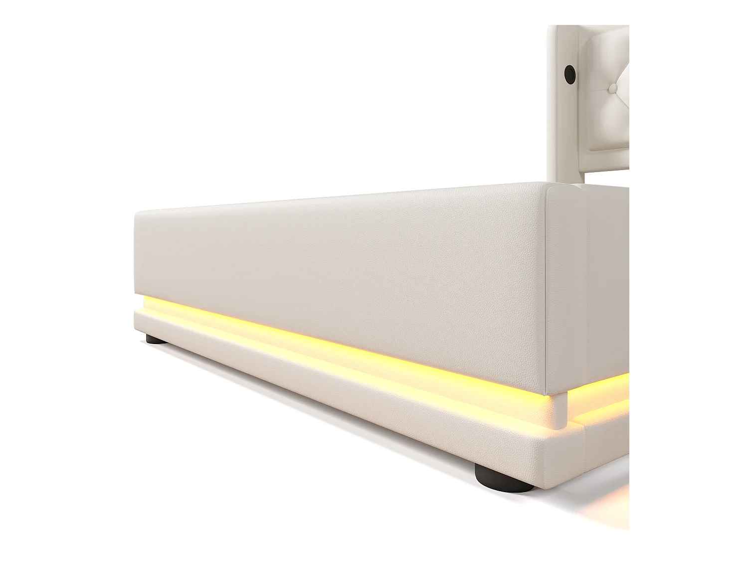 Cama canapé acolchada de 90 x 200 cm en símil piel - con función de carga y LED a los pies de la cama - Blanco