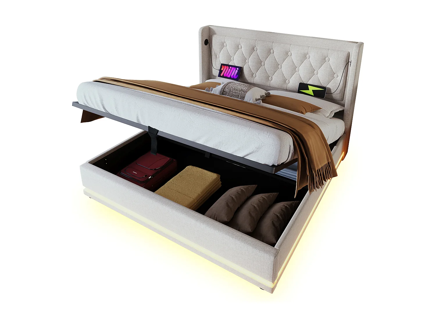 Gewatteerd opbergbed 160 x 200 cm in katoenen stof - met oplaadfunctie en LED aan het voeteneinde - Beige