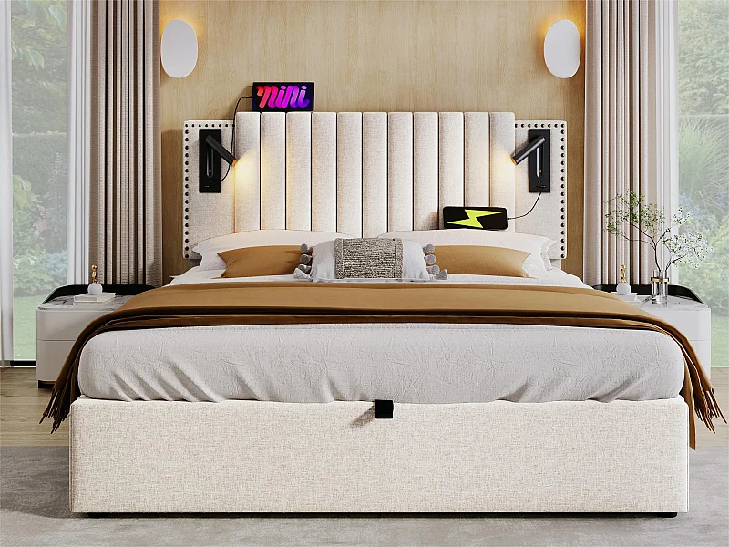 Cama de arrumação 180x200cm em tecido de algodão - com luzes de leitura e portas de carregamento USB - com base de ripas - Bege