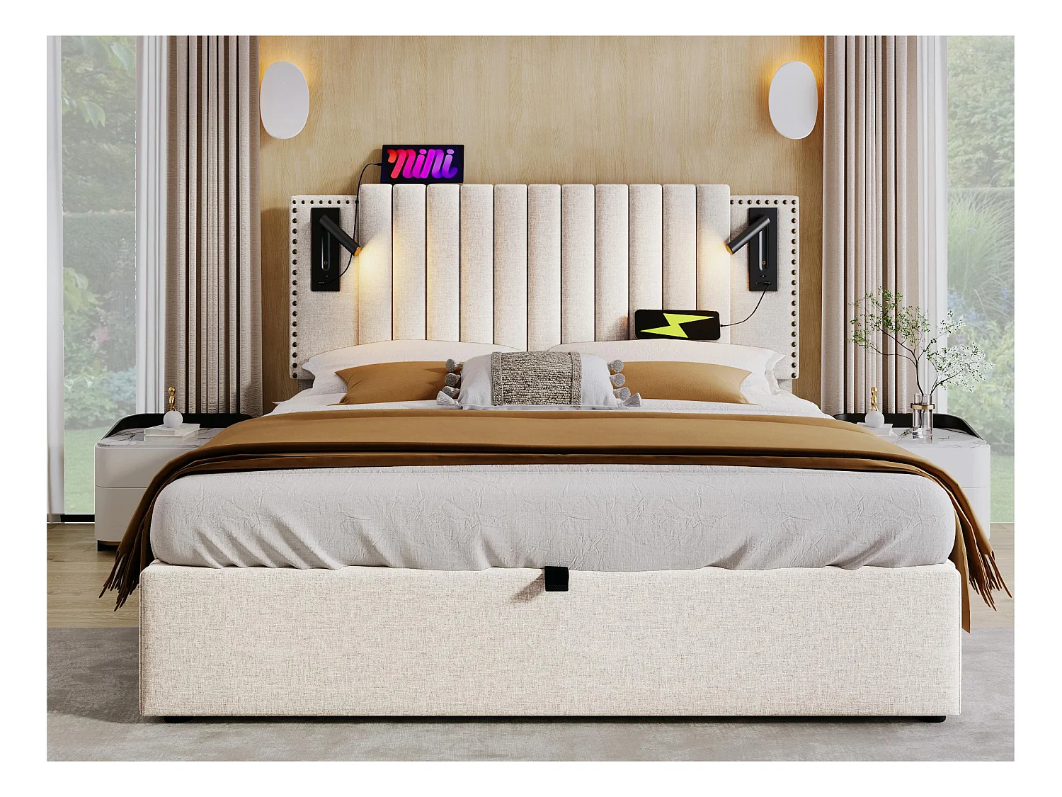 Lit coffre 180x200cm en tissu de cotton - avec lampes de lecture et Ports de charge USB - avec sommier à lattes - Beige