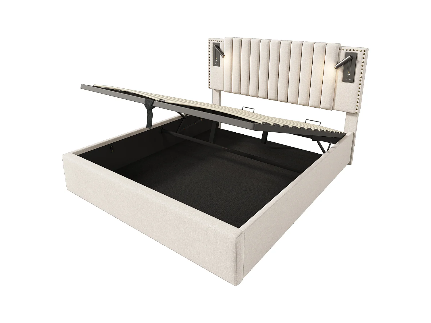 Lit coffre 160x200cm en tissu de cotton - avec lampes de lecture et Ports de charge USB - avec sommier à lattes - Beige