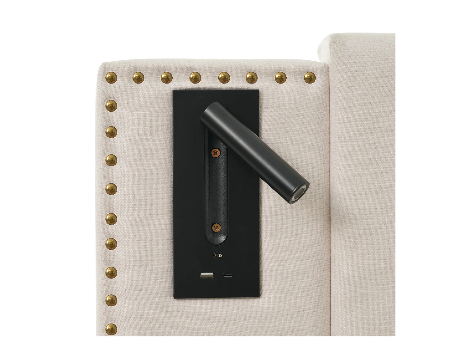 Lit coffre 160x200cm en tissu de cotton - avec lampes de lecture et Ports de charge USB - avec sommier à lattes - Beige