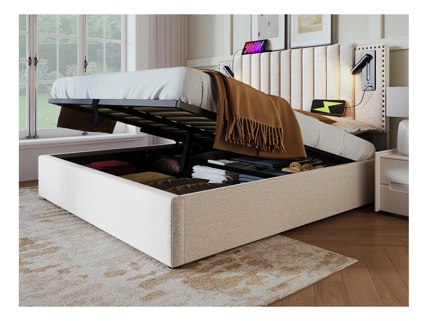 Lit coffre 160x200cm en tissu de cotton - avec lampes de lecture et Ports de charge USB - avec sommier à lattes - Beige