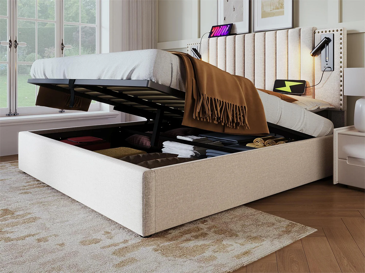 Opbergbed 160x200cm van katoenen stof - met leeslampjes en USB-oplaadpoorten - met lattenbodem - Beige