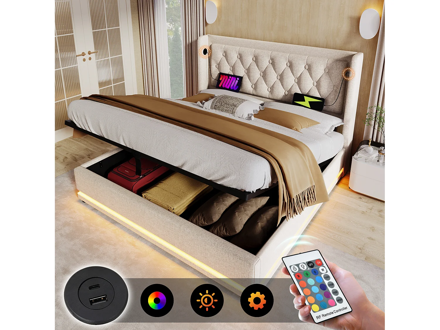 Cama de armazenamento acolchoada 140 x 200 cm em tecido de algodão - com função de carregamento e LED ao pé da cama - Bege