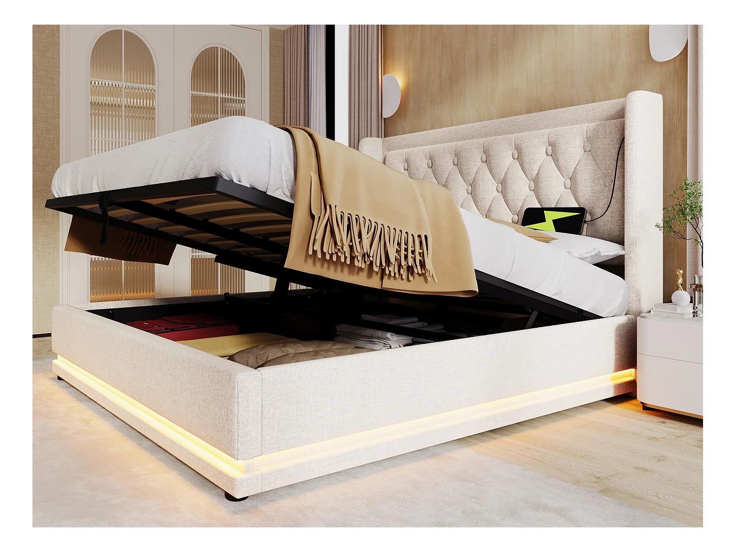 Lit coffre capitonné 140 x 200 cm en tissu coton - avec fonction de recharge et LED au pied du lit - Beige