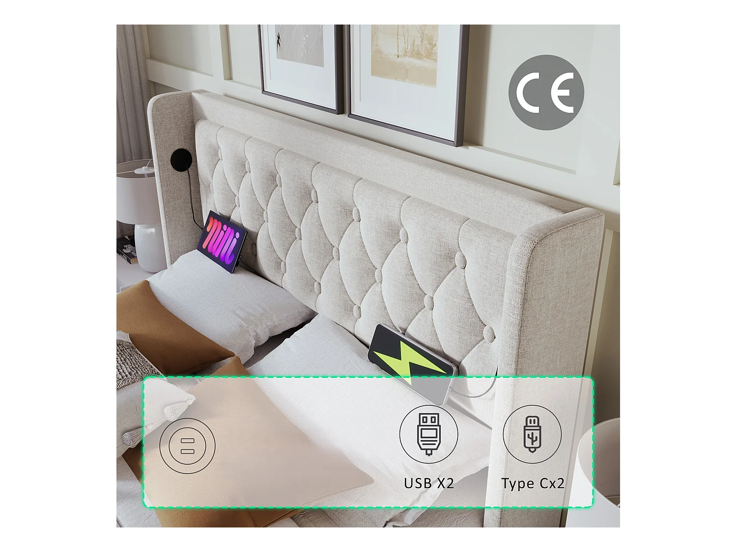 Lit coffre capitonné 140 x 200 cm en tissu coton - avec fonction de recharge et LED au pied du lit - Beige