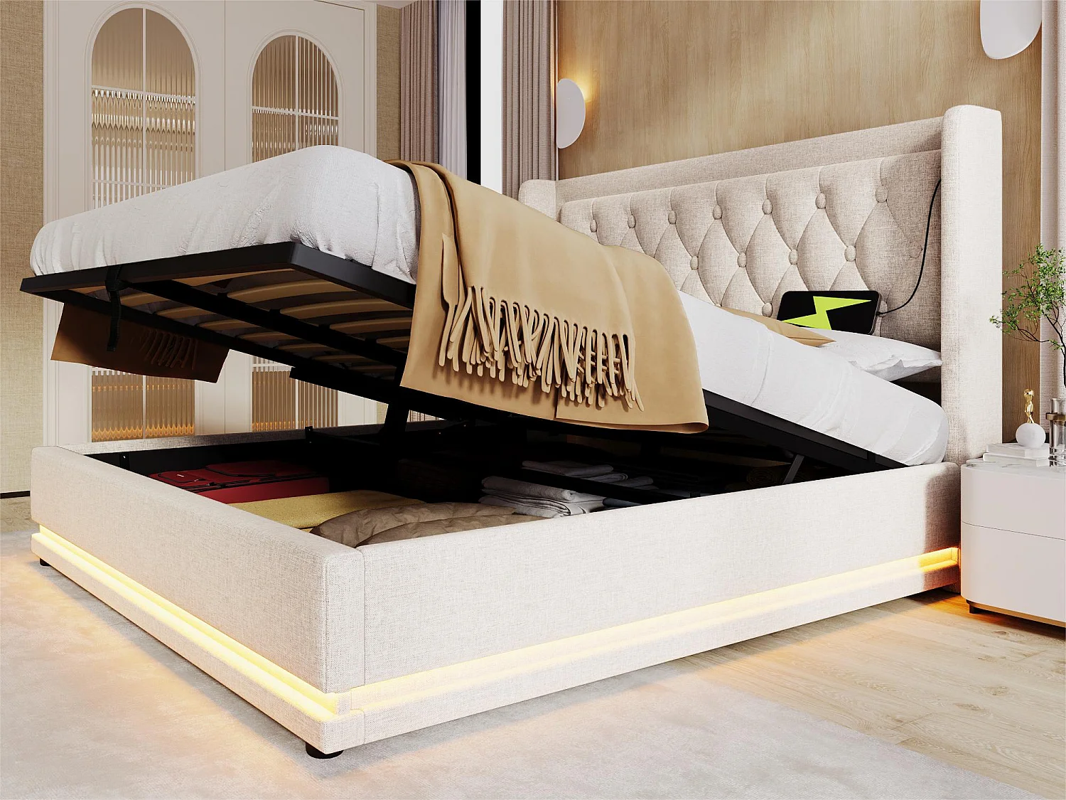 Gewatteerd opbergbed 140 x 200 cm in katoenen stof - met oplaadfunctie en LED aan het voeteneinde - Beige