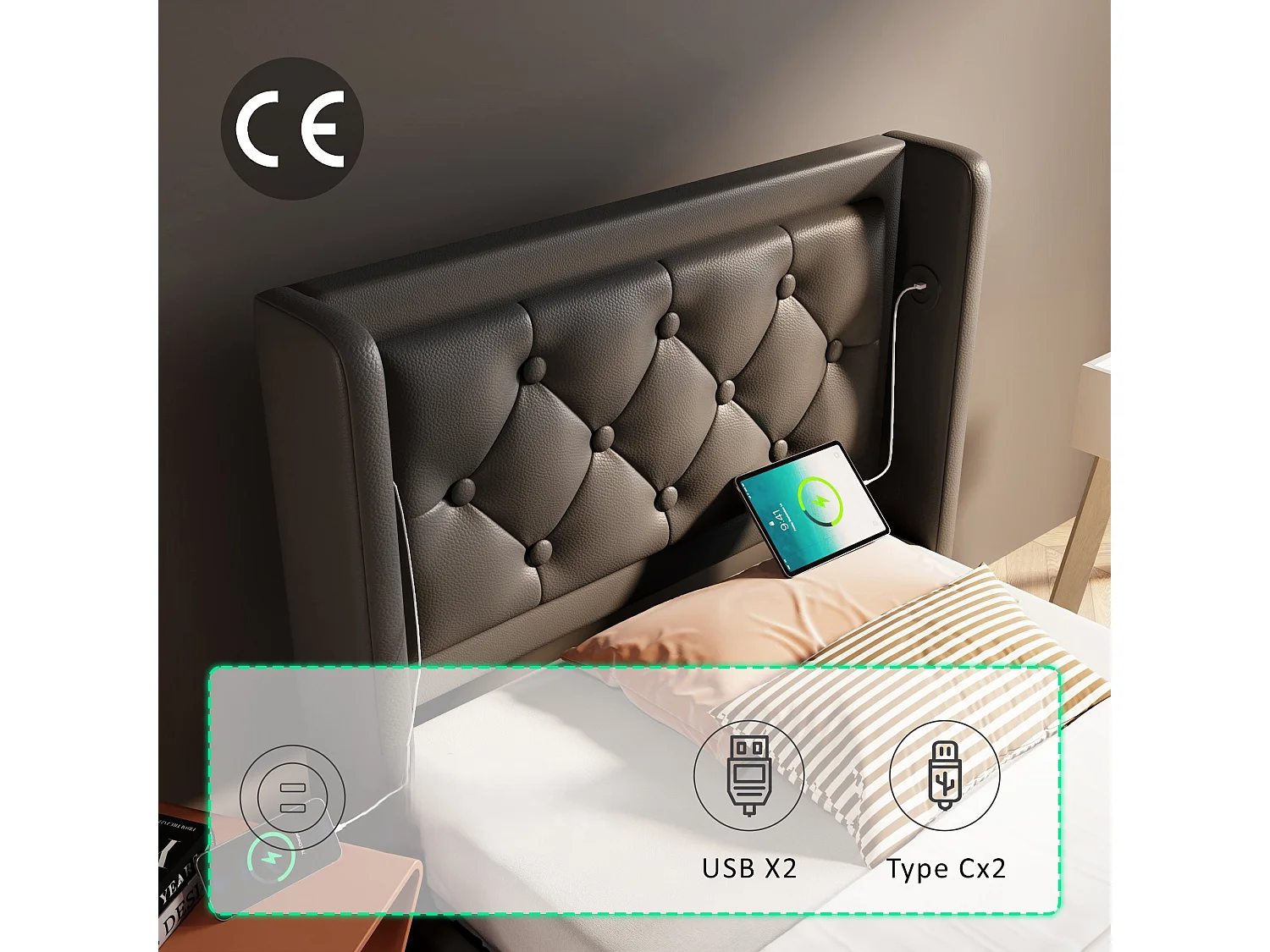 Lit coffre capitonné 90 x 200 cm en similicuir - avec fonction de recharge et LED au pied du lit - Noir