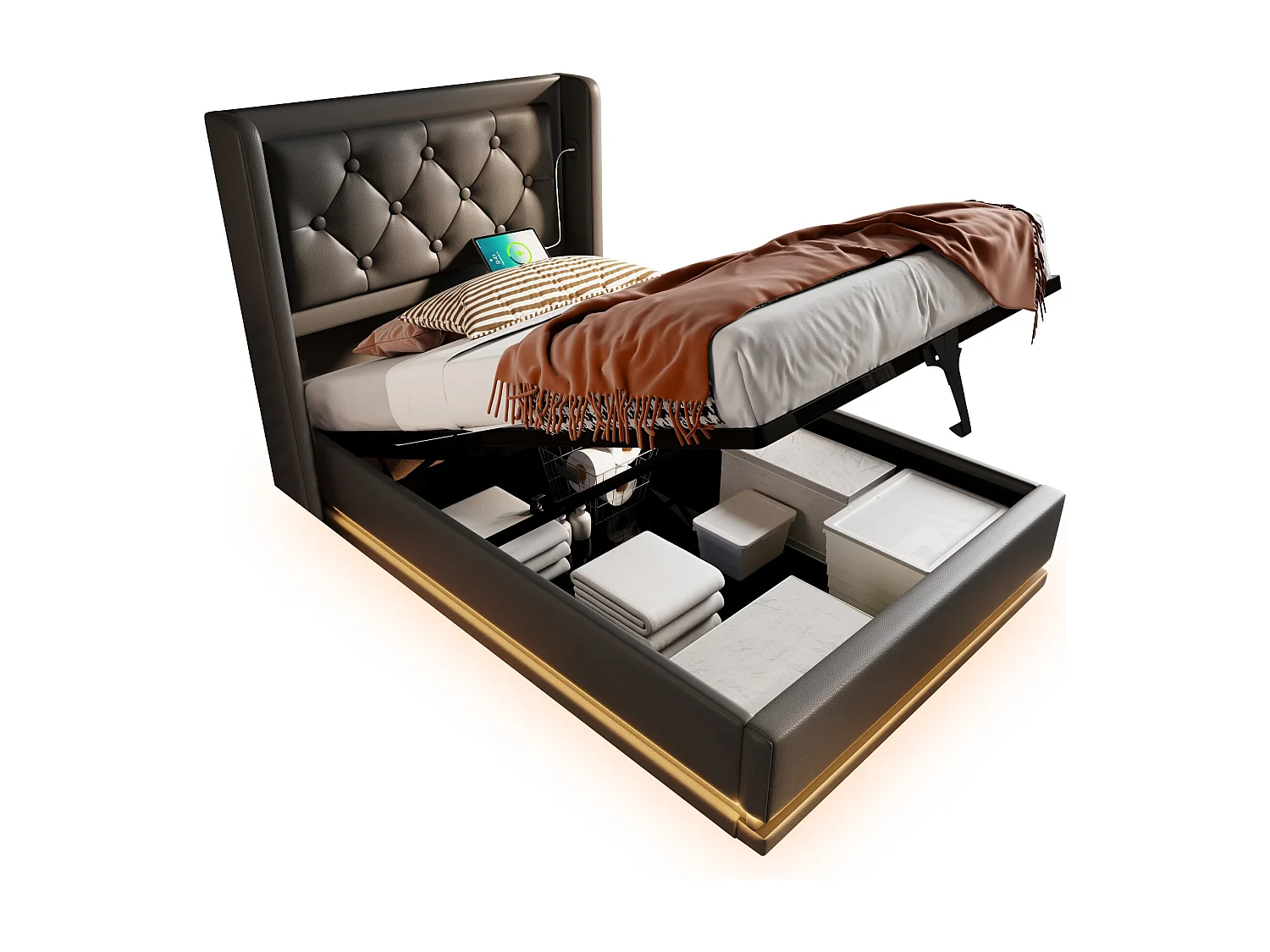 Lit coffre capitonné 90 x 200 cm en similicuir - avec fonction de recharge et LED au pied du lit - Noir