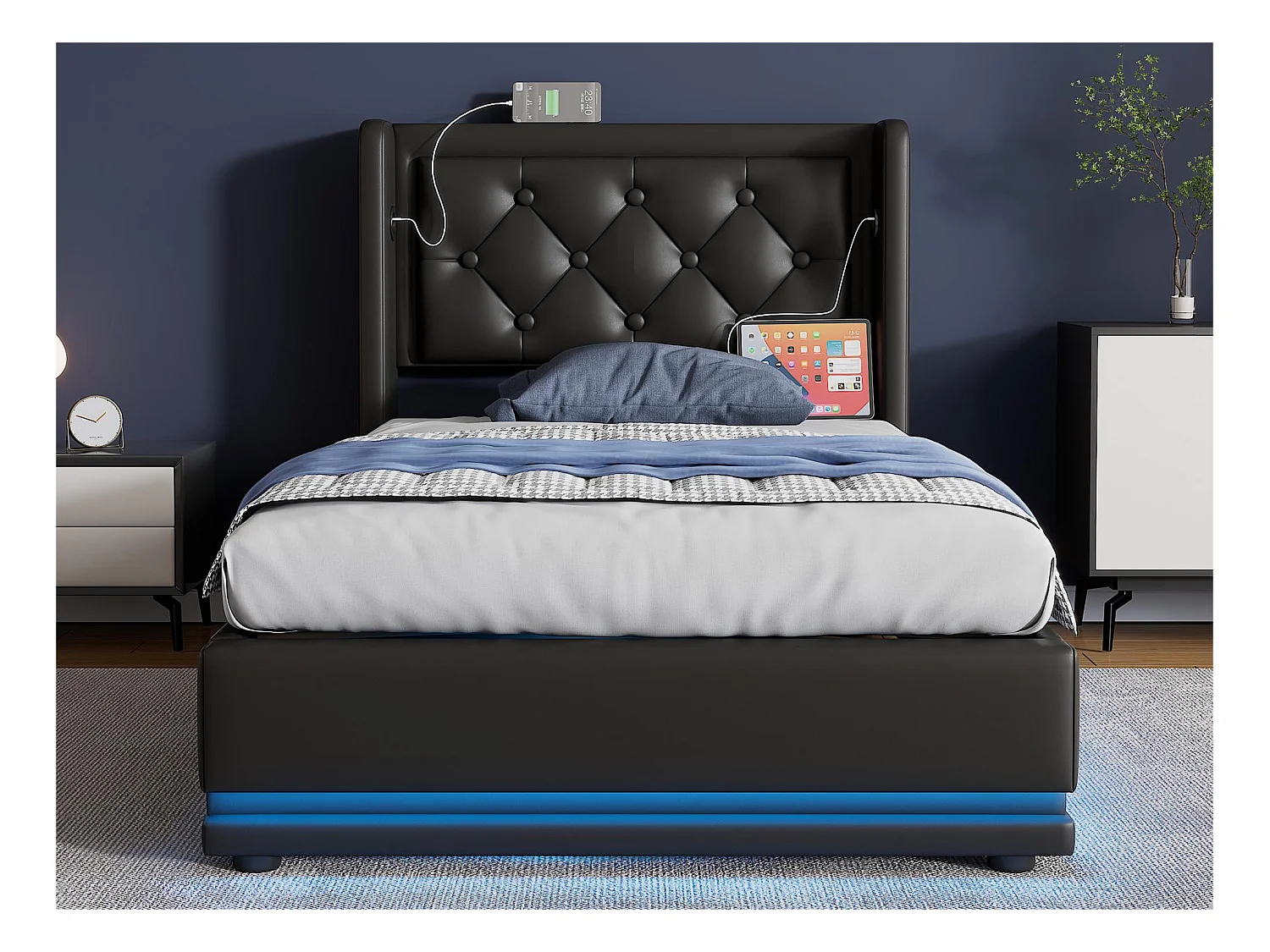 Lit coffre capitonné 90 x 200 cm en similicuir - avec fonction de recharge et LED au pied du lit - Noir